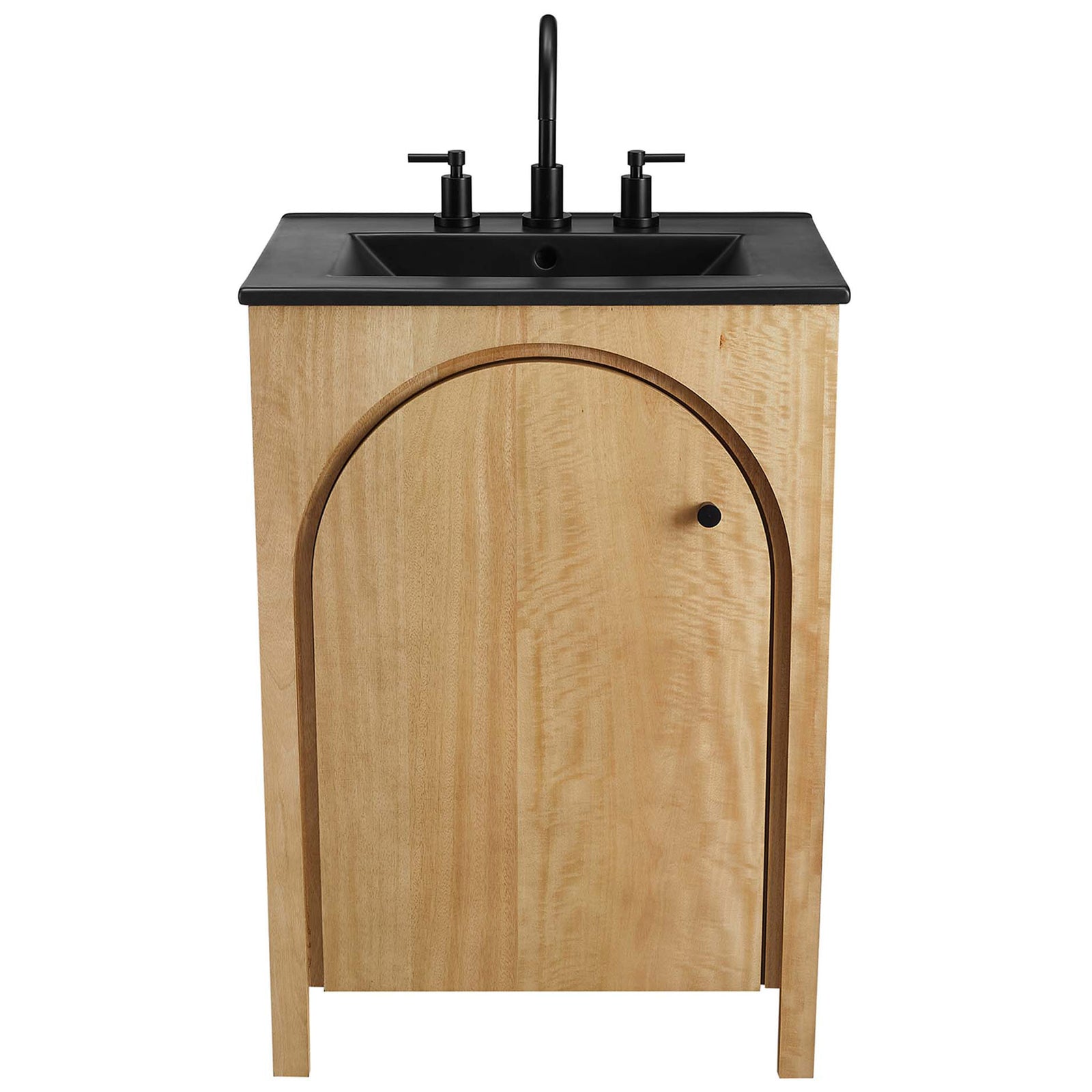 Sleek arched door and black ceramic sink create a striking, contemporary focal point. || EEI-6789-OAK-BLK || front_studio