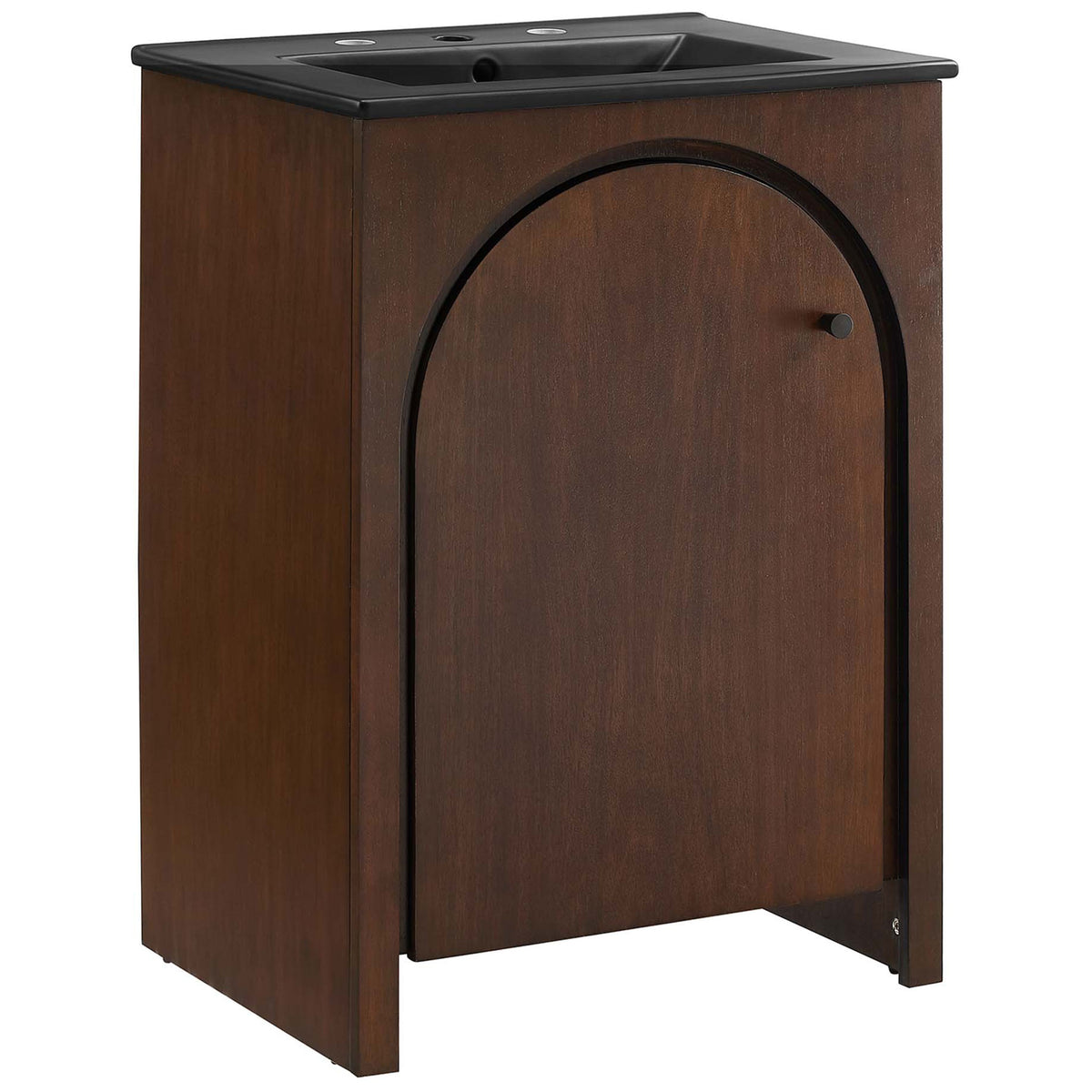 Walnut vanity with arched door and black ceramic sink adds retro warmth in a compact 24 inch design. || EEI-6789-WAL-BLK || front_angle_studio