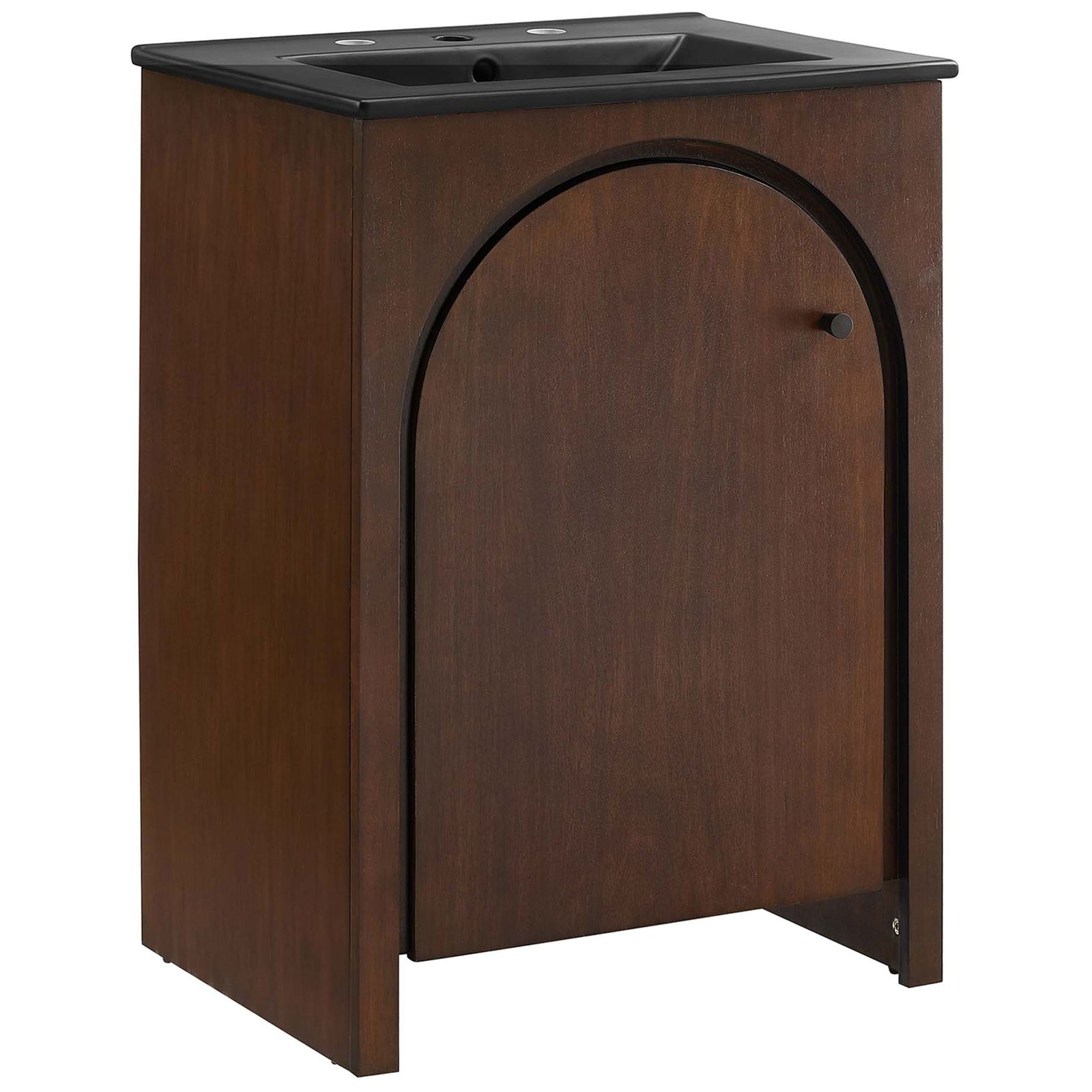 Walnut vanity with arched door and black ceramic sink adds retro warmth in a compact 24 inch design. || EEI-6789-WAL-BLK || front_angle_studio