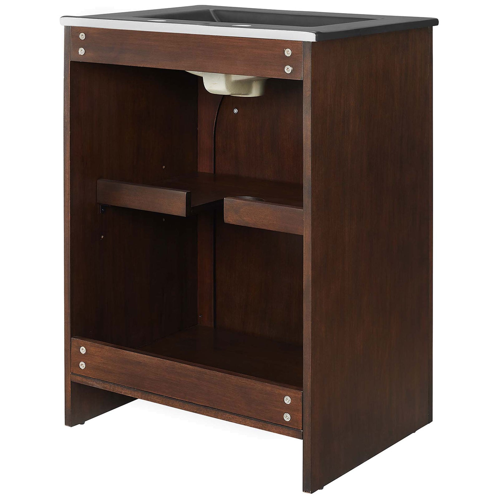 Rear access with plumbing cut-out and interior shelf support simplifies installation. || EEI-6789-WAL-BLK || back_angle_studio