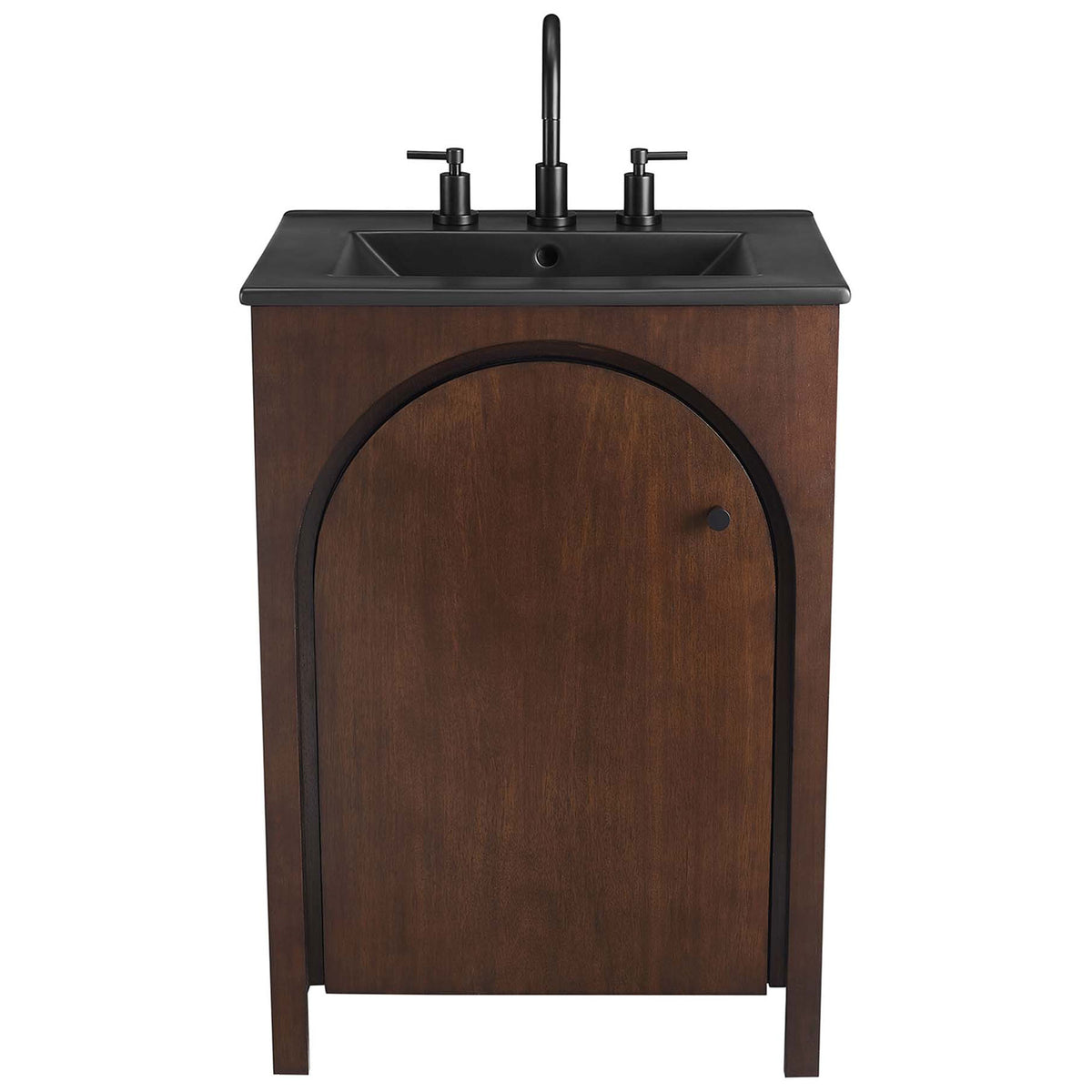 Matte black basin and arched walnut door deliver a timeless, refined vanity centerpiece. || EEI-6789-WAL-BLK || front_studio