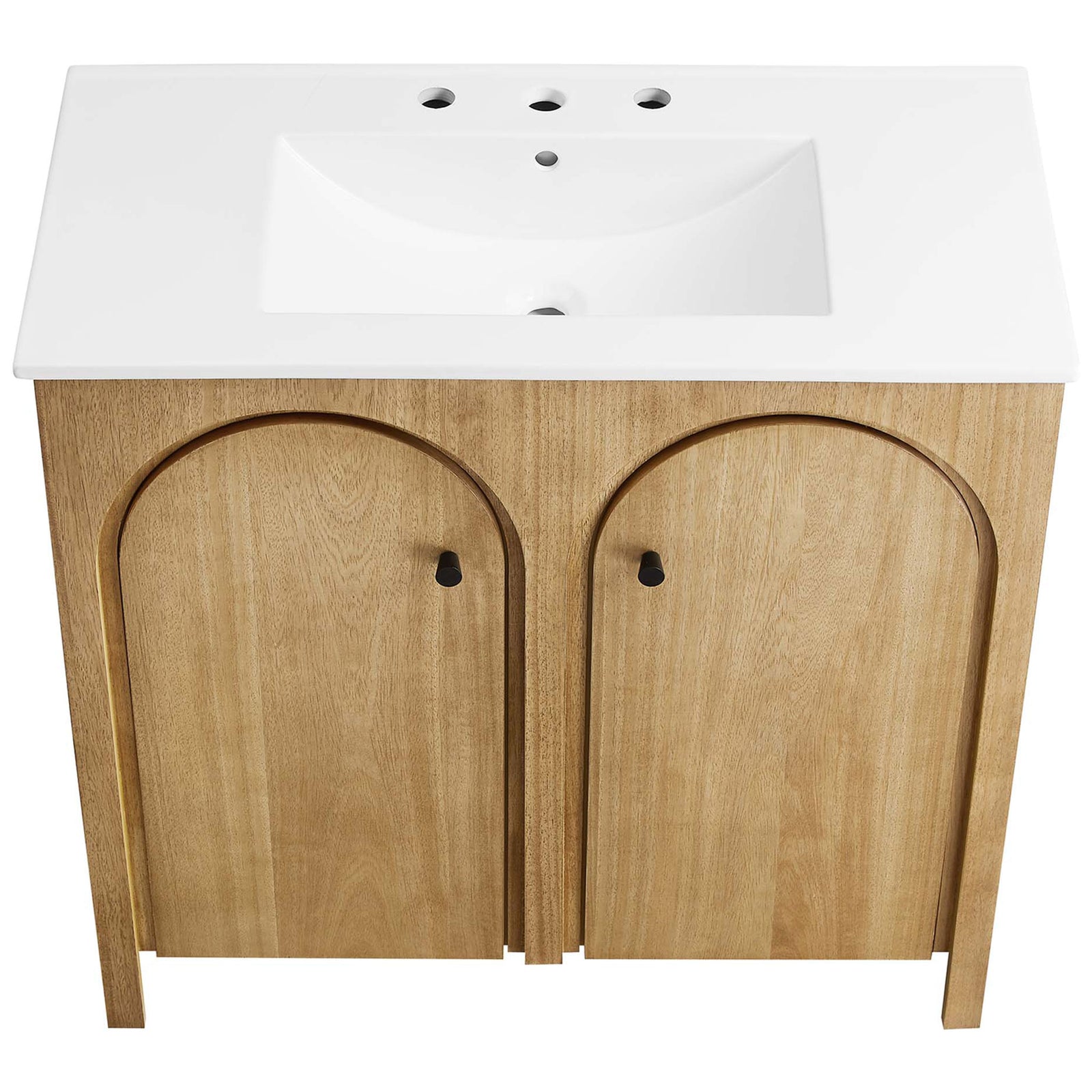 Integrated white ceramic sink with 8-inch widespread faucet holes and clean, easy-care surface. || EEI-6790-OAK-WHI || top_studio
