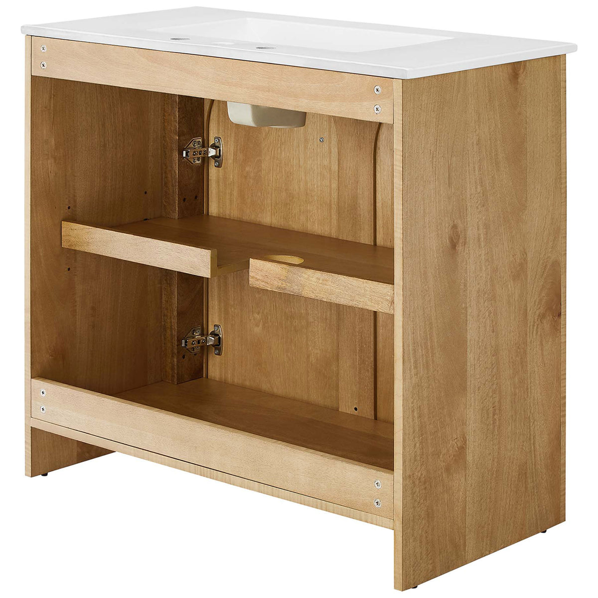 Open-back design with adjustable shelf and plumbing cutout for straightforward installation. || EEI-6790-OAK-WHI || back_studio