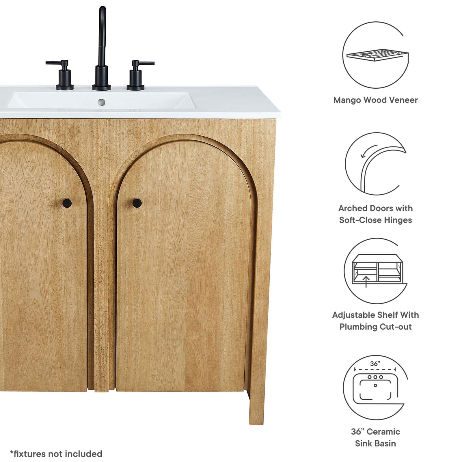 Key features highlighted: arched soft-close doors, adjustable shelf, plumbing cutout, ceramic sink. || EEI-6790-OAK-WHI || callout_studio