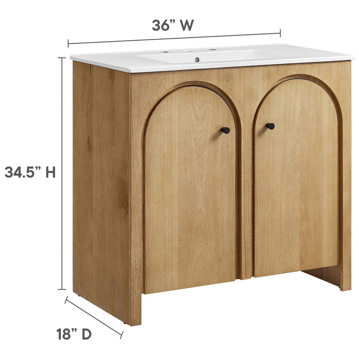 Compact 36-inch-wide vanity maximizes storage while fitting comfortably in most bathrooms. || EEI-6790-OAK-WHI || dimension_studio
