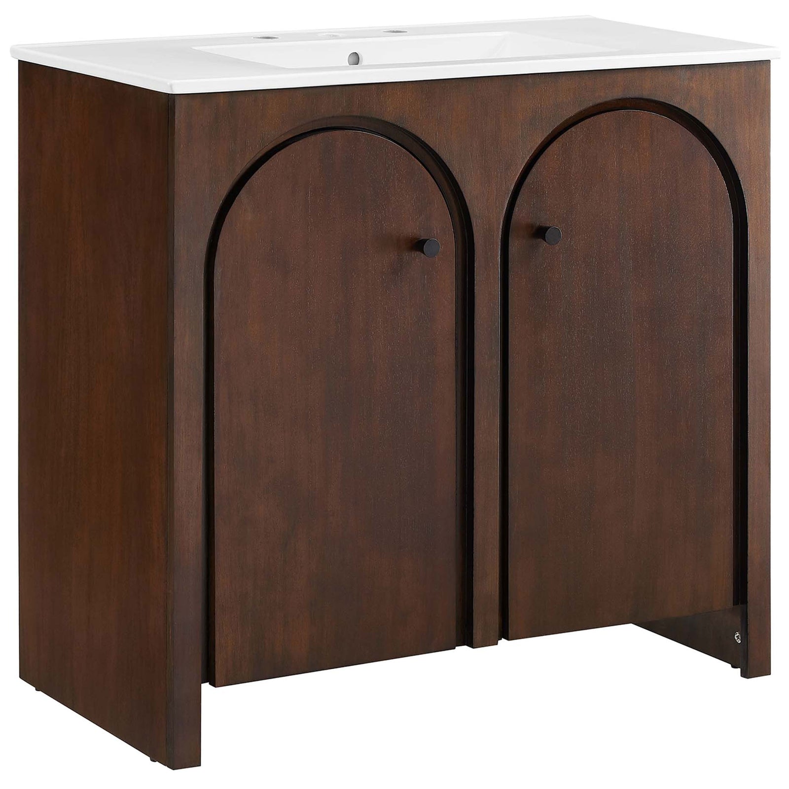 Walnut vanity with arched doors and a white ceramic sink adds timeless warmth and modern simplicity || EEI-6790-WAL-WHI || front_angle_studio