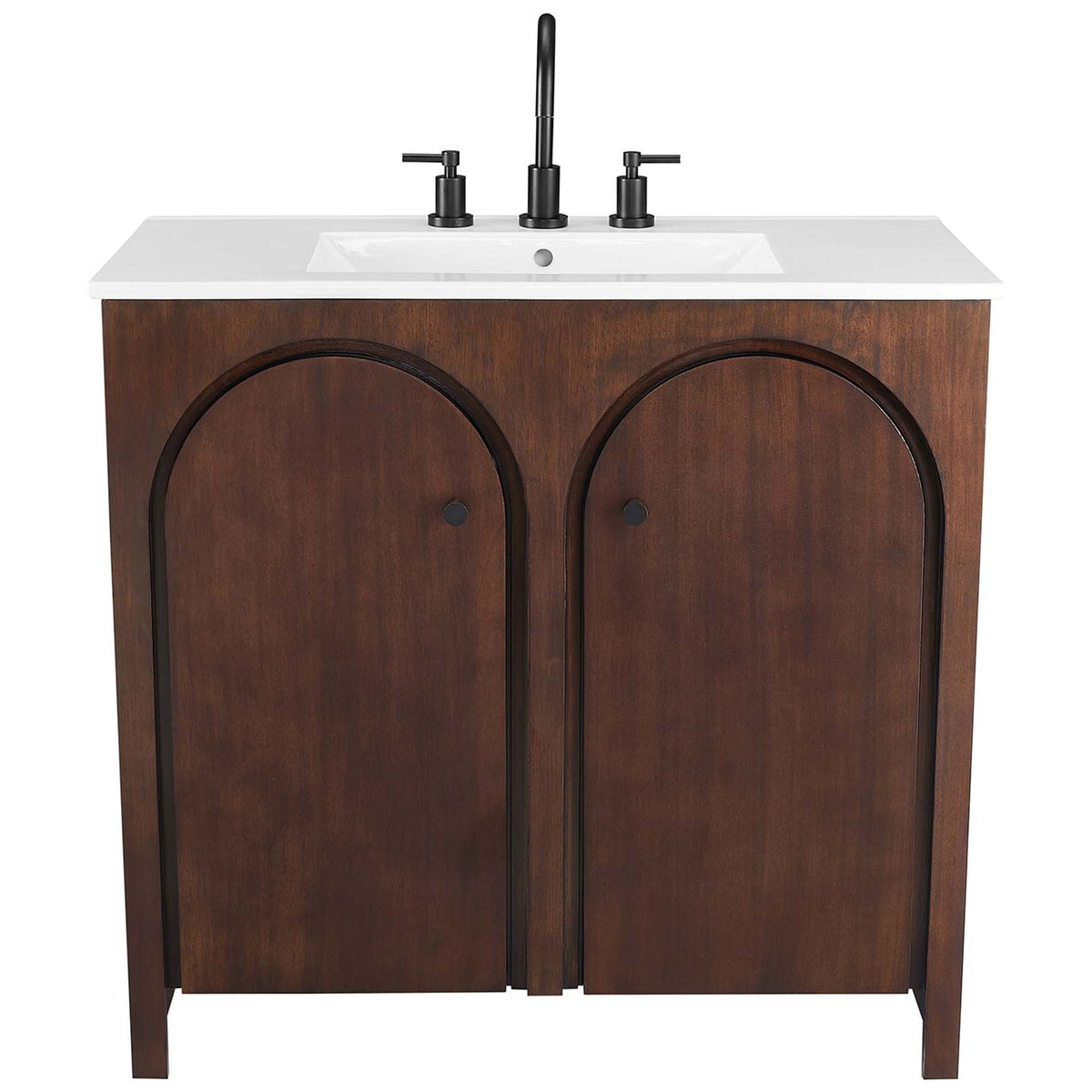 Sleek arched-door vanity pairs a walnut finish with a bright white sink for a refined, modern look || EEI-6790-WAL-WHI || front_studio