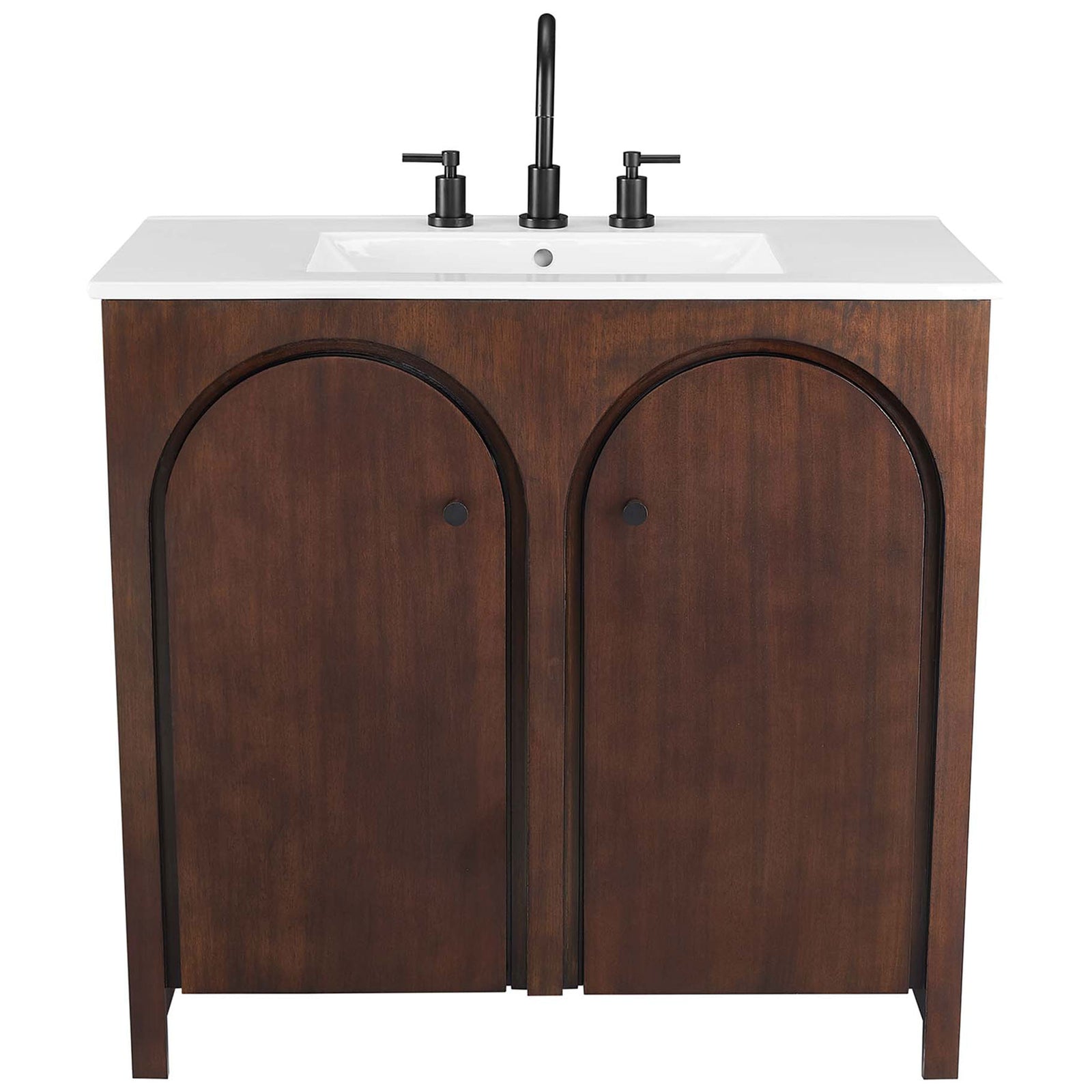 Sleek arched-door vanity pairs a walnut finish with a bright white sink for a refined, modern look || EEI-6790-WAL-WHI || front_studio