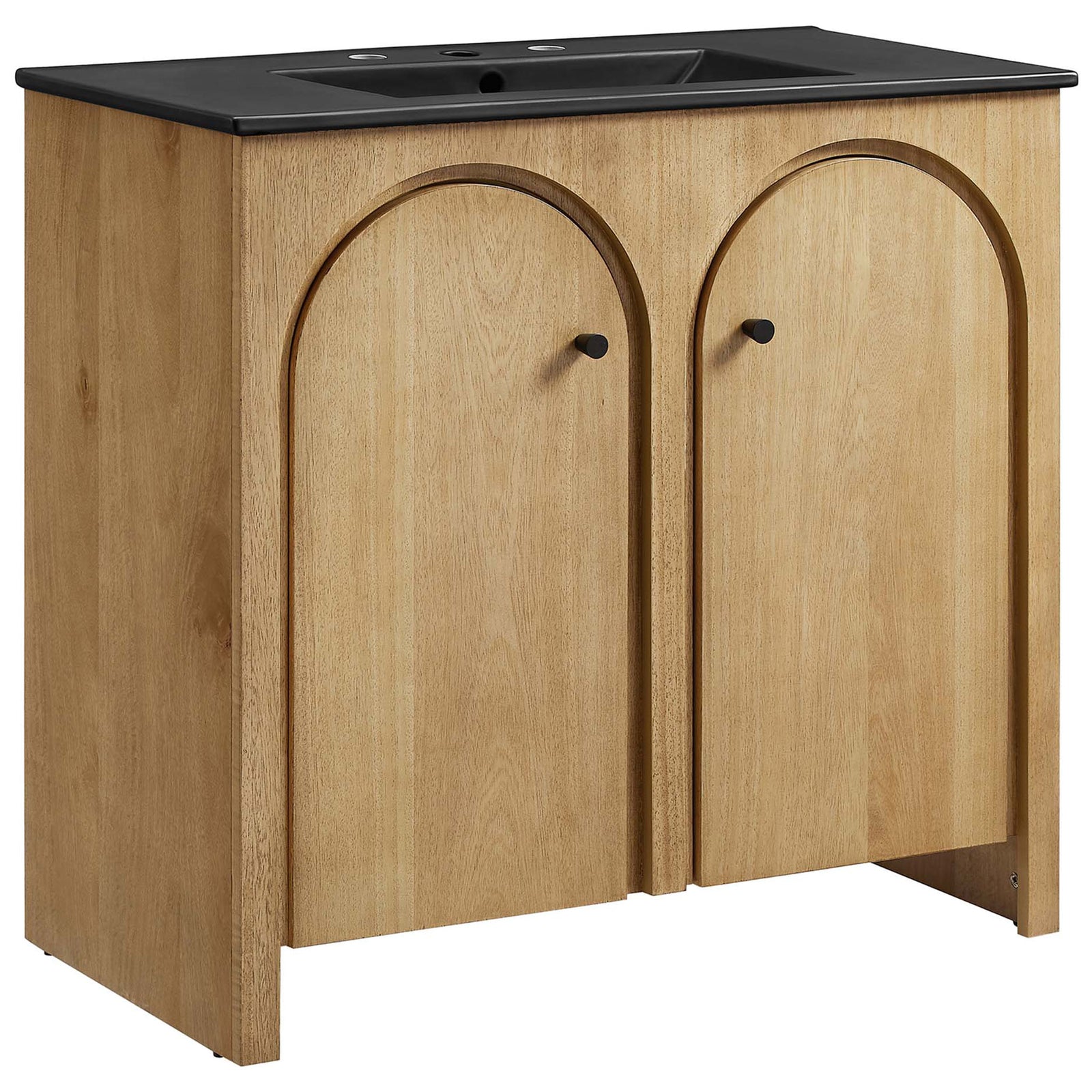 Warm oak vanity with arched doors and a sleek black integrated sink top. || EEI-6791-OAK-BLK || front_angle_studio