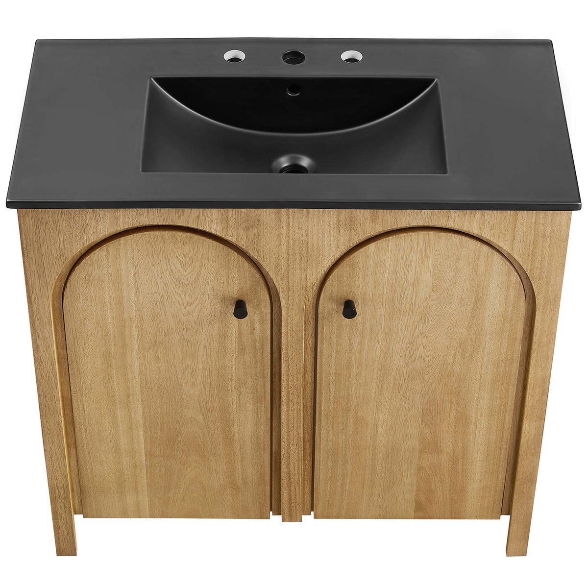 Matte black ceramic basin with 8 inch widespread holes and generous deck space. || EEI-6791-OAK-BLK || top_studio
