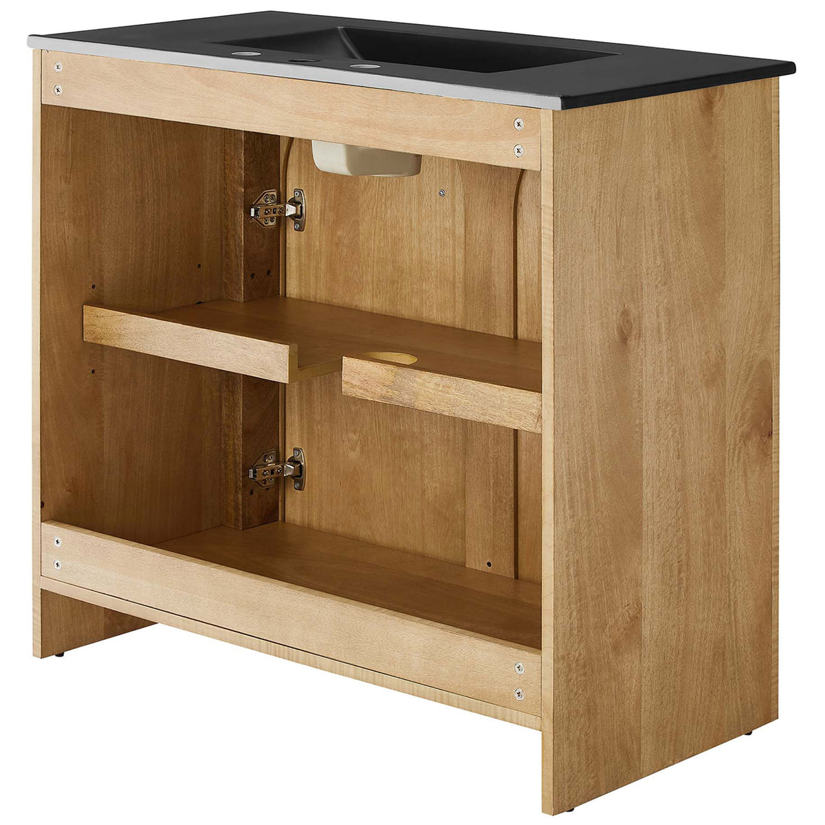 Open back with soft close hinges and adjustable shelf for easy plumbing access. || EEI-6791-OAK-BLK || back_angle_studio