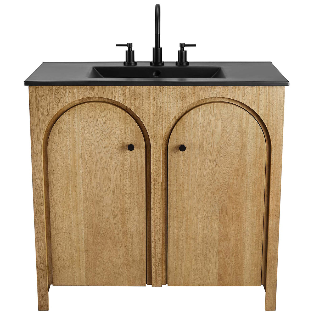 Clean front view with minimalist knobs and bold contrast between oak base and black top. || EEI-6791-OAK-BLK || front_studio