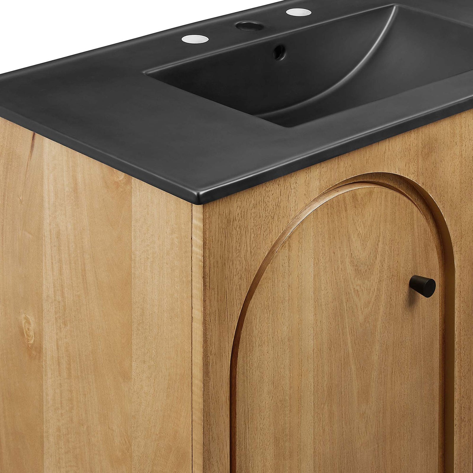 Rounded door arch and matte black hardware lend a refined, retro touch. || EEI-6791-OAK-BLK || detail_studio