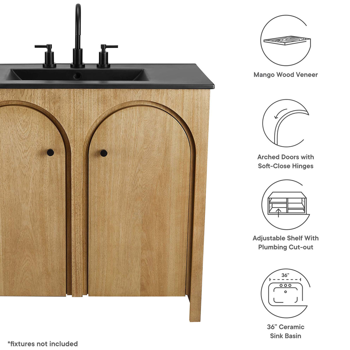 Key features highlighted: mango wood veneer, arched doors, adjustable shelf, and 36 inch sink. || EEI-6791-OAK-BLK || callout_studio