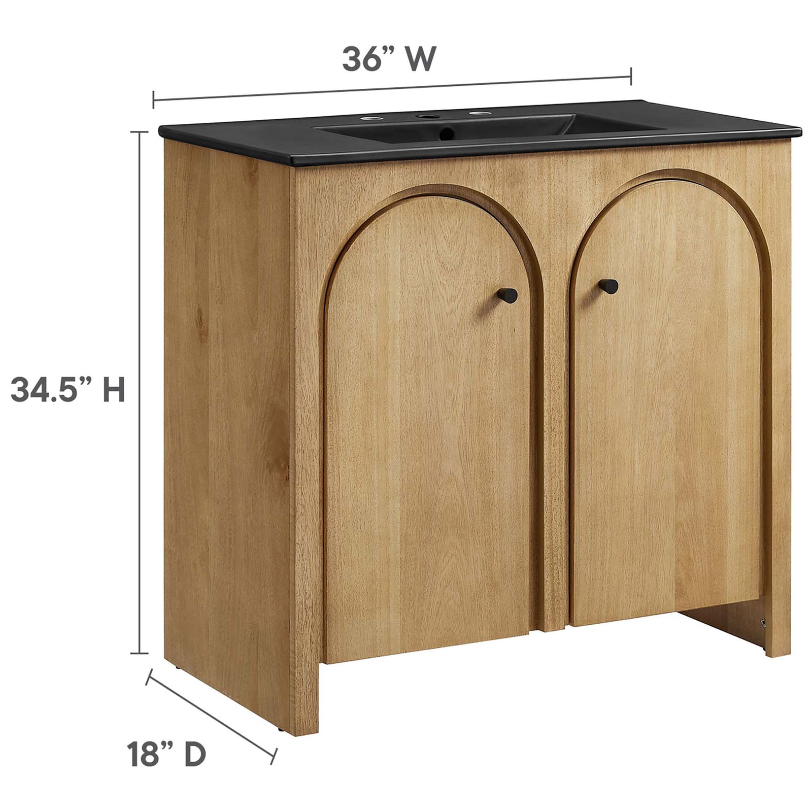 Vanity dimensions shown: 36 inch width, 34.5 inch height, and 18 inch depth. || EEI-6791-OAK-BLK || dimension_studio