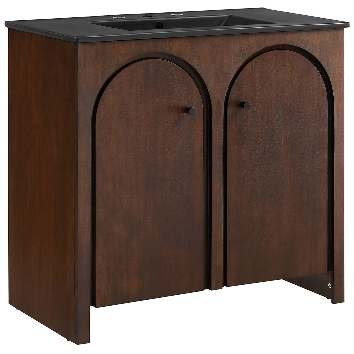 Walnut vanity with arched doors and matte black sink creates a bold, sculptural bathroom centerpiece || EEI-6791-WAL-BLK || front_angle_studio