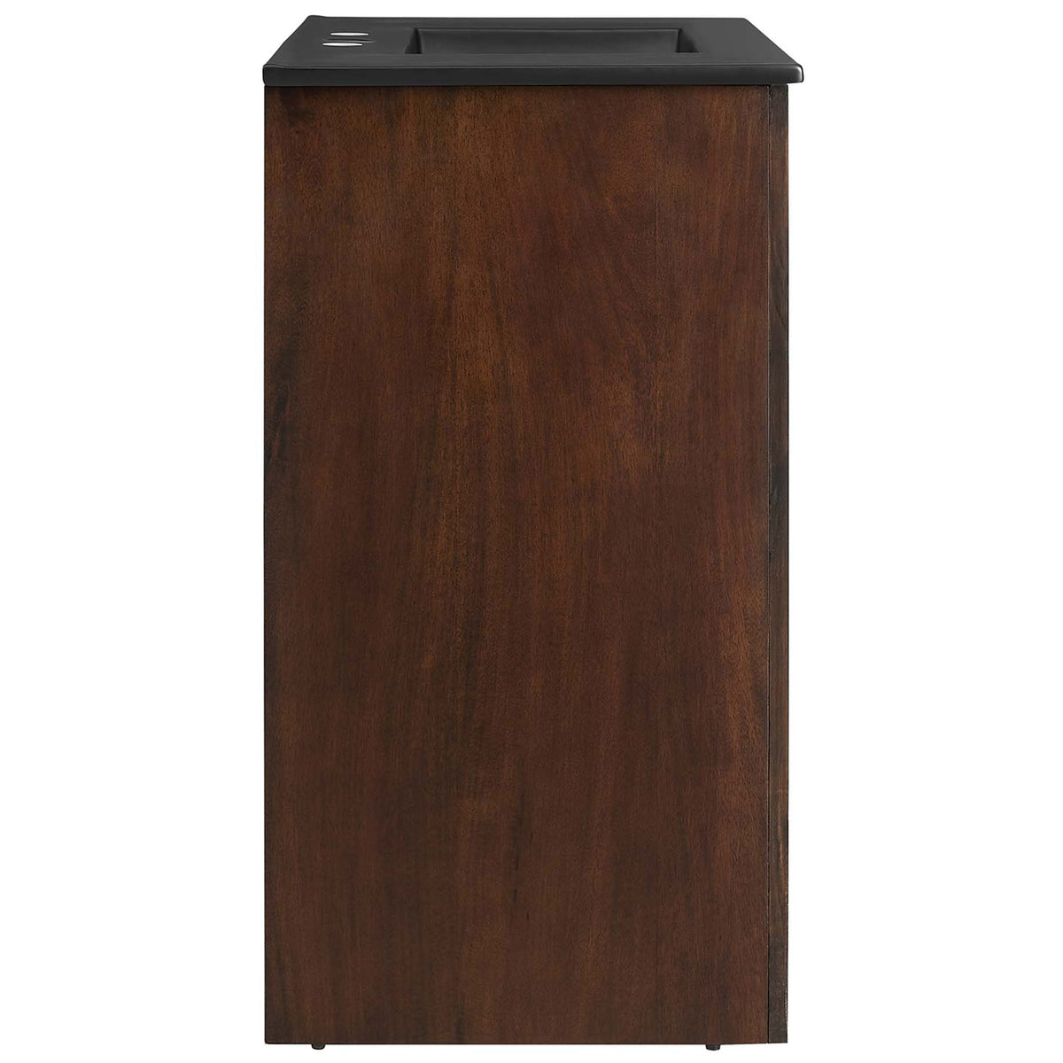 Streamlined walnut profile with rich grain and sleek black countertop enhances modern bath spaces || EEI-6791-WAL-BLK || side_studio