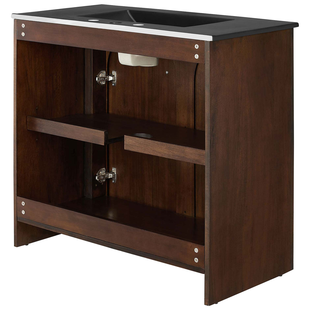 Open back and adjustable shelf with plumbing cut out simplify installation and organized storage || EEI-6791-WAL-BLK || back_angle_studio