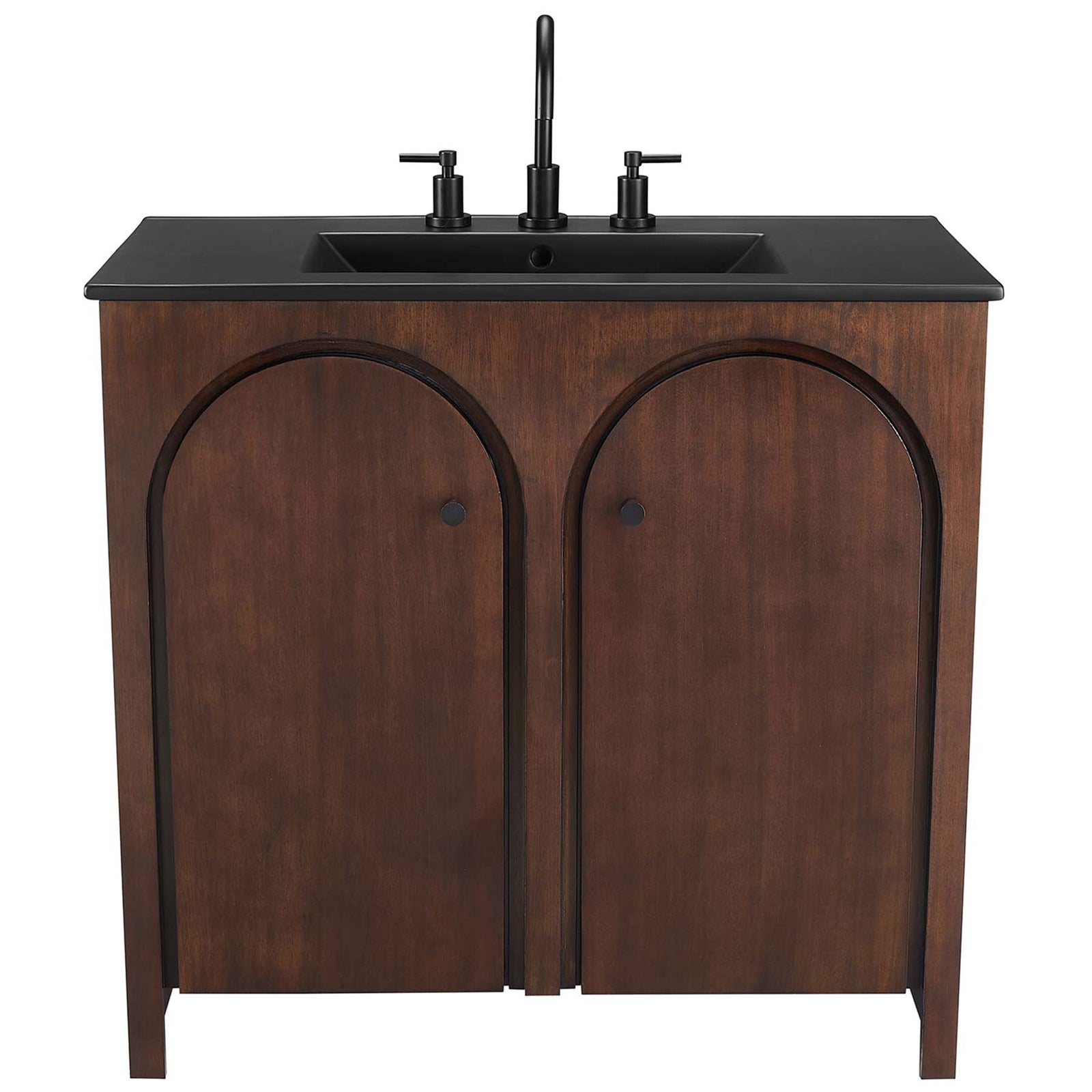 Elegant arch front vanity in warm walnut pairs with a matte black sink for timeless everyday style || EEI-6791-WAL-BLK || front_studio