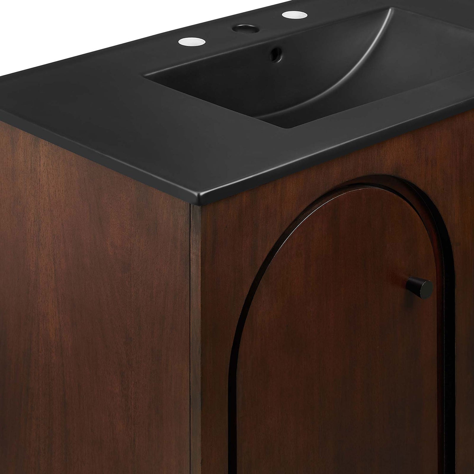 Fine mango wood veneer and smooth matte black basin highlight refined craftsmanship || EEI-6791-WAL-BLK || detail_studio