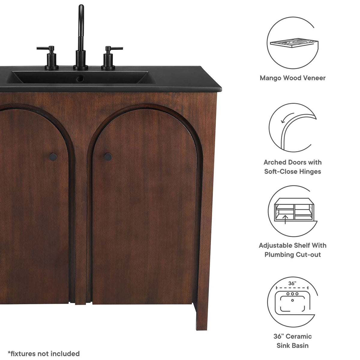 Key features include arched doors, adjustable shelf, and a 36 inch ceramic sink basin || EEI-6791-WAL-BLK || callout_studio