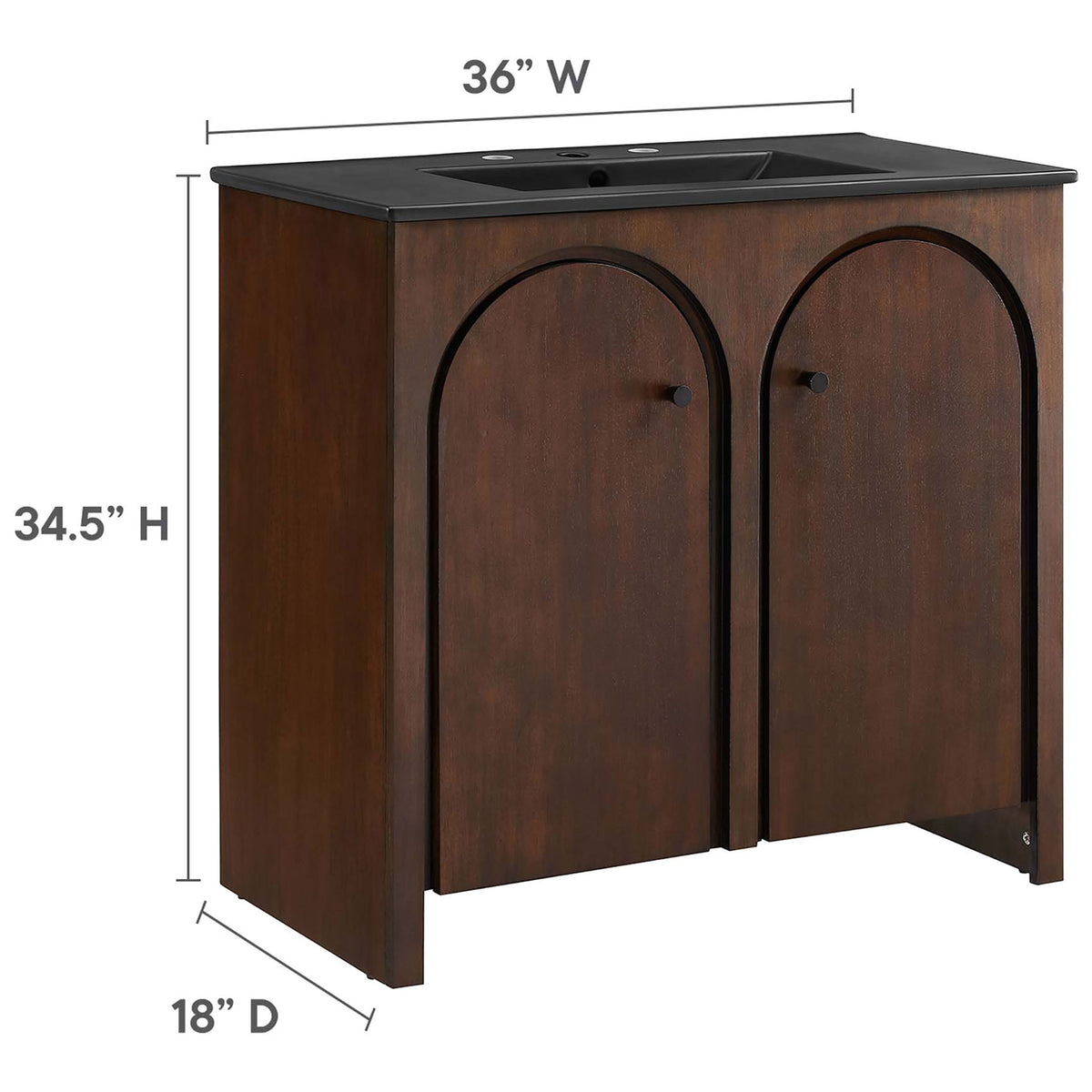 Compact 36 inch wide design with 18 inch depth fits bathrooms while maximizing interior storage || EEI-6791-WAL-BLK || dimension_studio