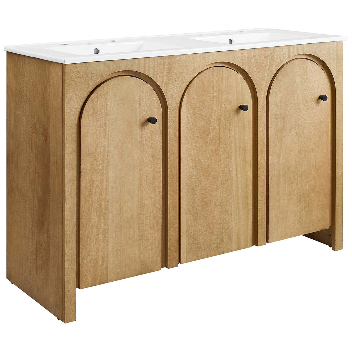 48-inch double vanity with white integrated top, arched oak doors, and matte black knobs || EEI-6792-OAK-WHI || front_angle_studio