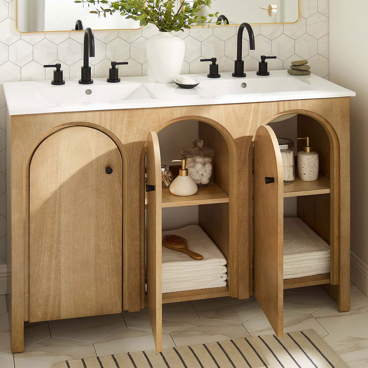 Ample storage behind arched doors with adjustable shelves beneath twin basins || EEI-6792-OAK-WHI || front_open_room