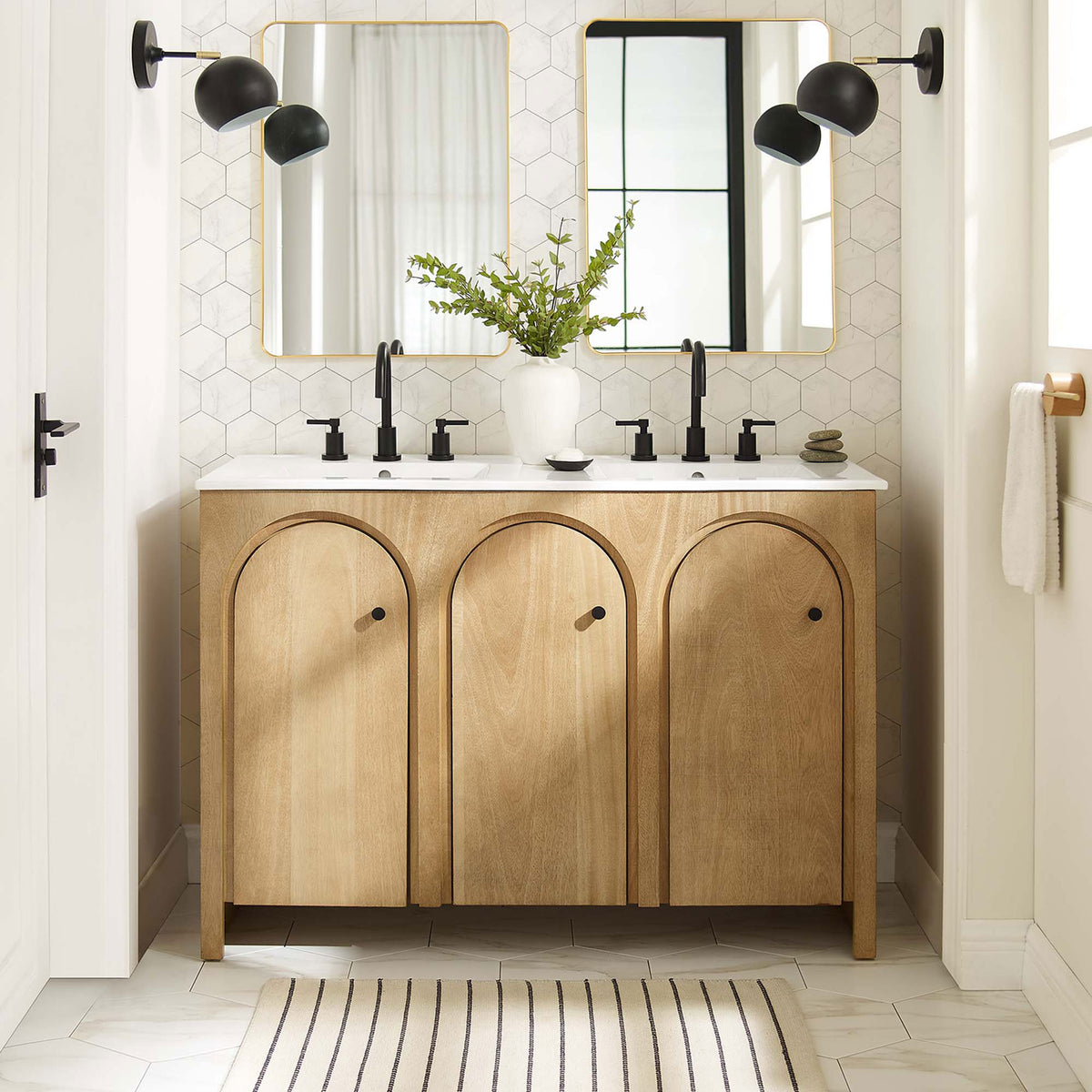 Warm oak double vanity adds organic texture and clean lines to modern bathrooms || EEI-6792-OAK-WHI || front_room