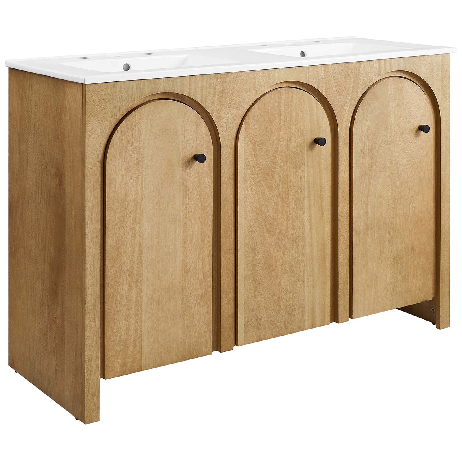 48-inch double vanity with white integrated top, arched oak doors, and matte black knobs || EEI-6792-OAK-WHI || front_angle_studio