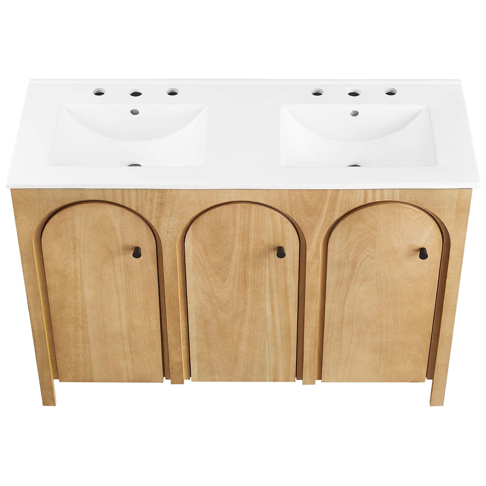 Crisp white double basins with 8-inch widespread faucet holes and square bowls || EEI-6792-OAK-WHI || top_studio