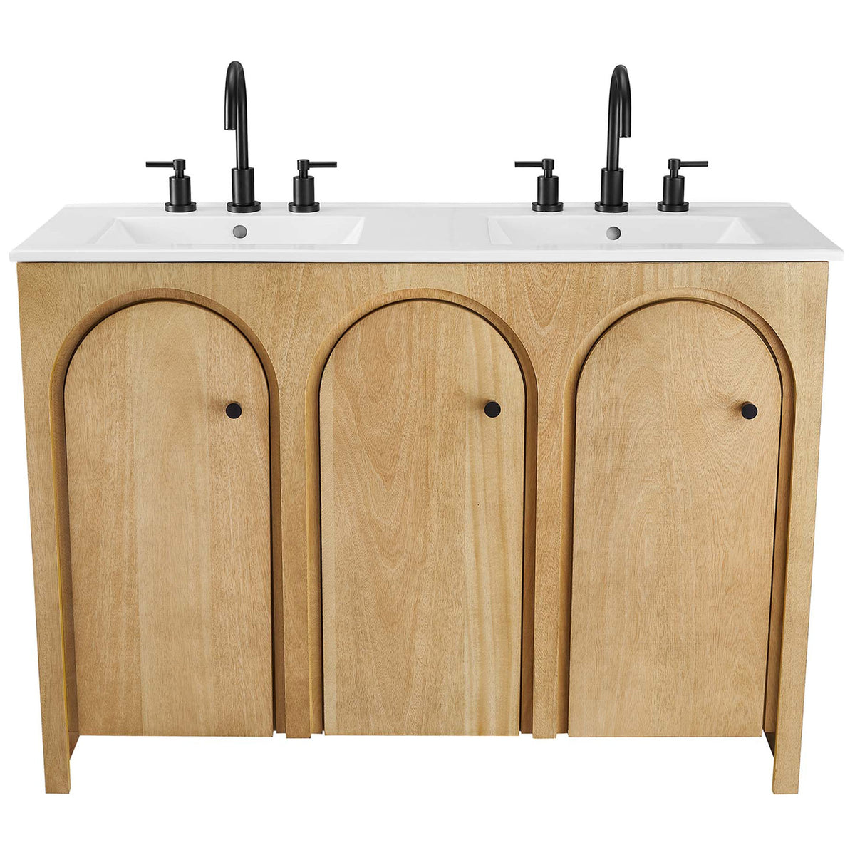 Oak double-sink vanity with arched doors, white top, and black widespread faucets || EEI-6792-OAK-WHI || front_studio