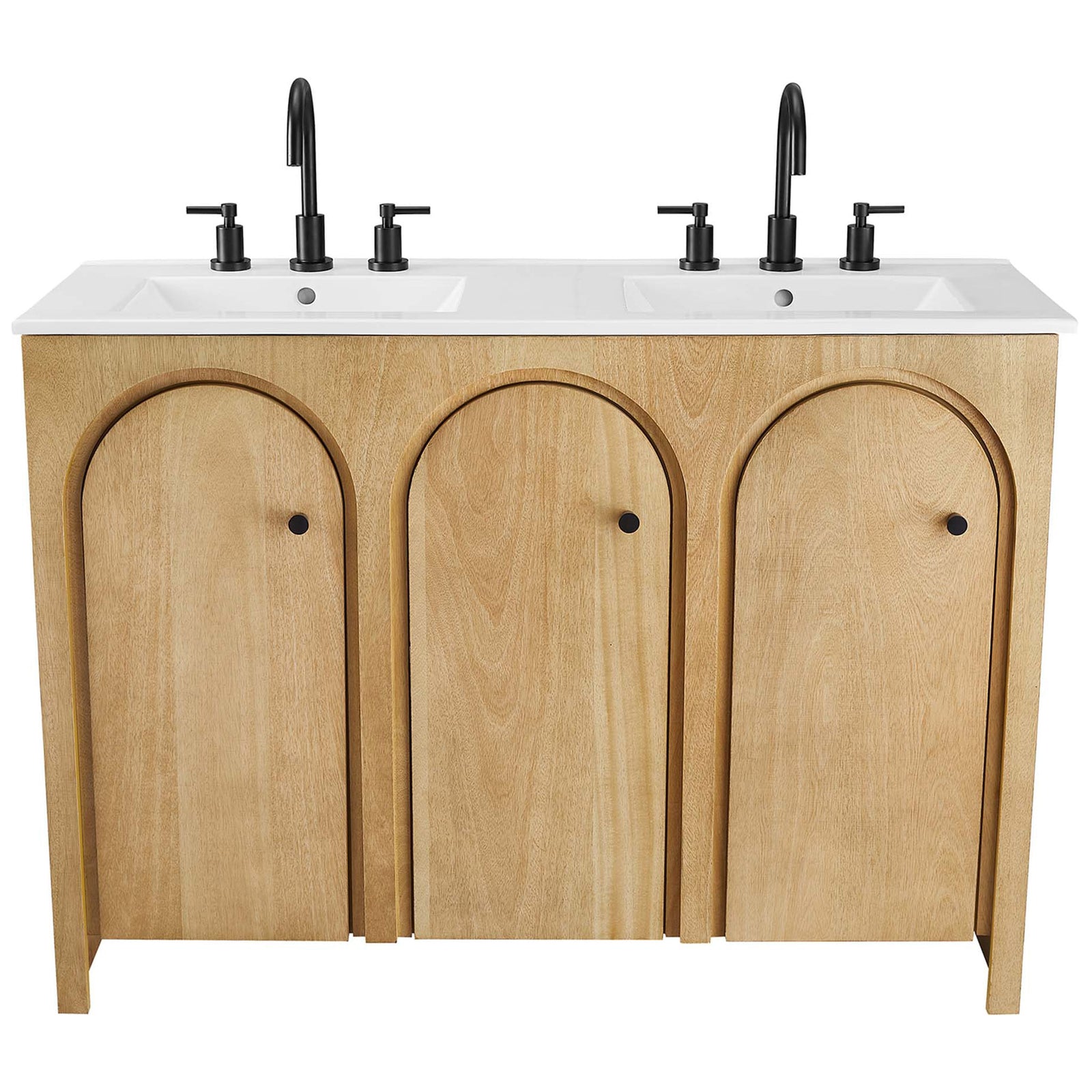 Oak double-sink vanity with arched doors, white top, and black widespread faucets || EEI-6792-OAK-WHI || front_studio