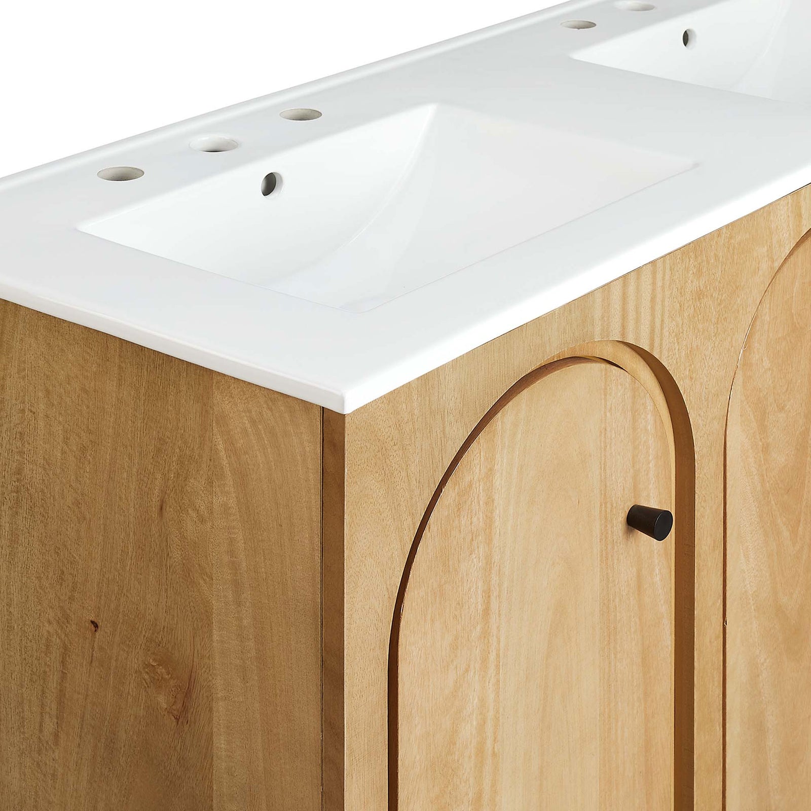 Crisp integrated countertop with rectangular basins and smooth arched door detailing || EEI-6792-OAK-WHI || detail_studio