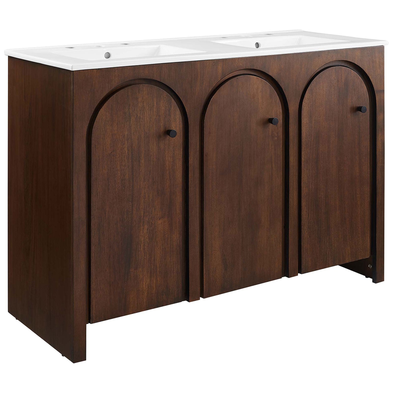 Walnut-finished vanity with arched doors and integrated white double basin for timeless warmth. || EEI-6792-WAL-WHI || front_angle_studio