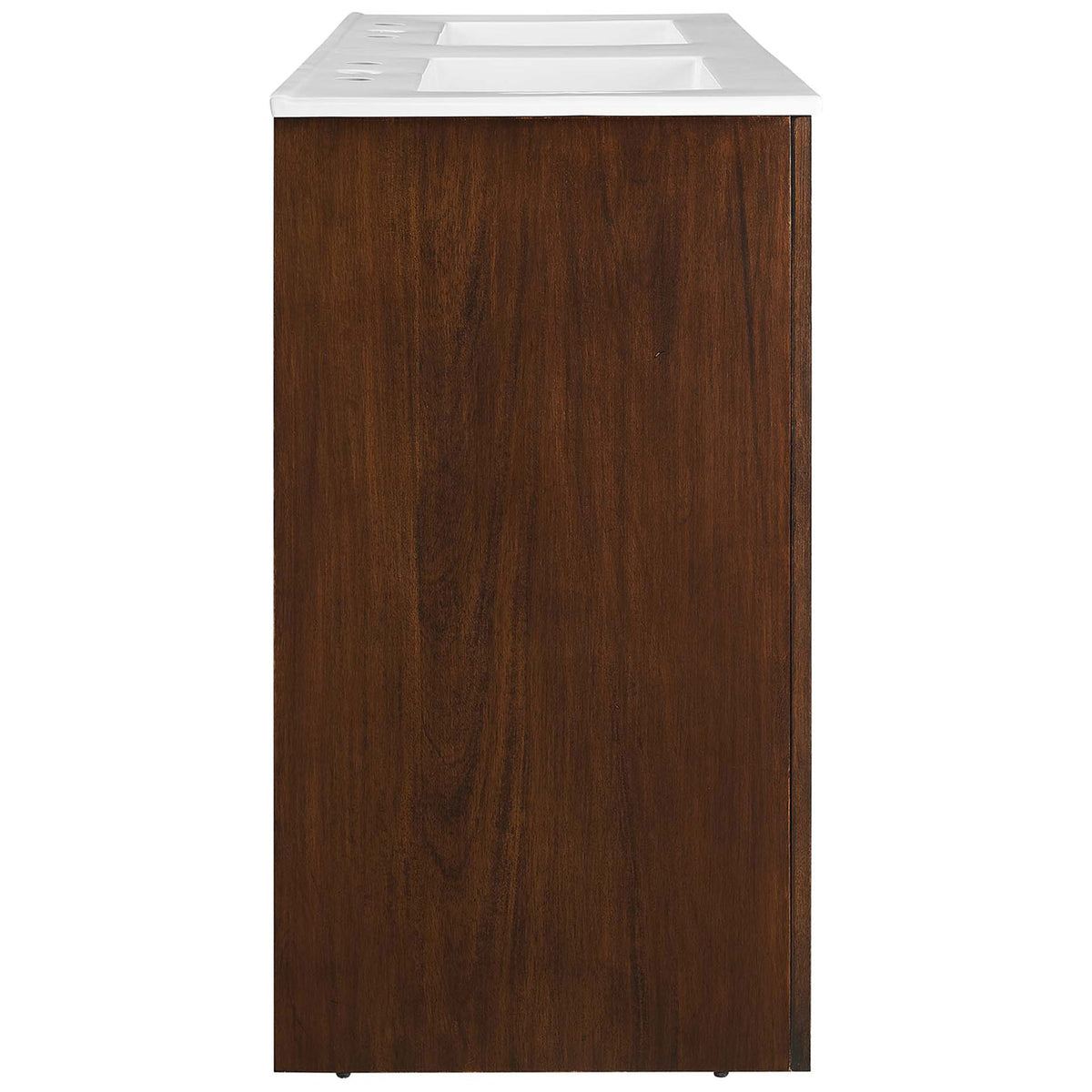 Sleek profile showcases rich mango wood veneer and crisp white countertop. || EEI-6792-WAL-WHI || side_studio