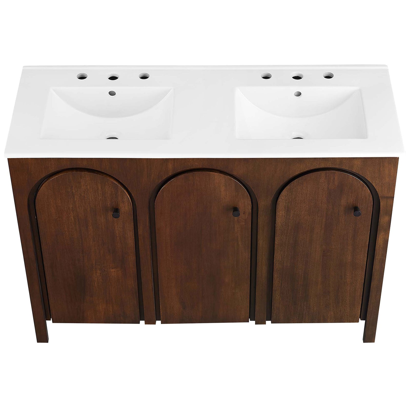 Spacious dual sinks with 8-inch widespread faucet holes and gently sloped basins. || EEI-6792-WAL-WHI || top_studio