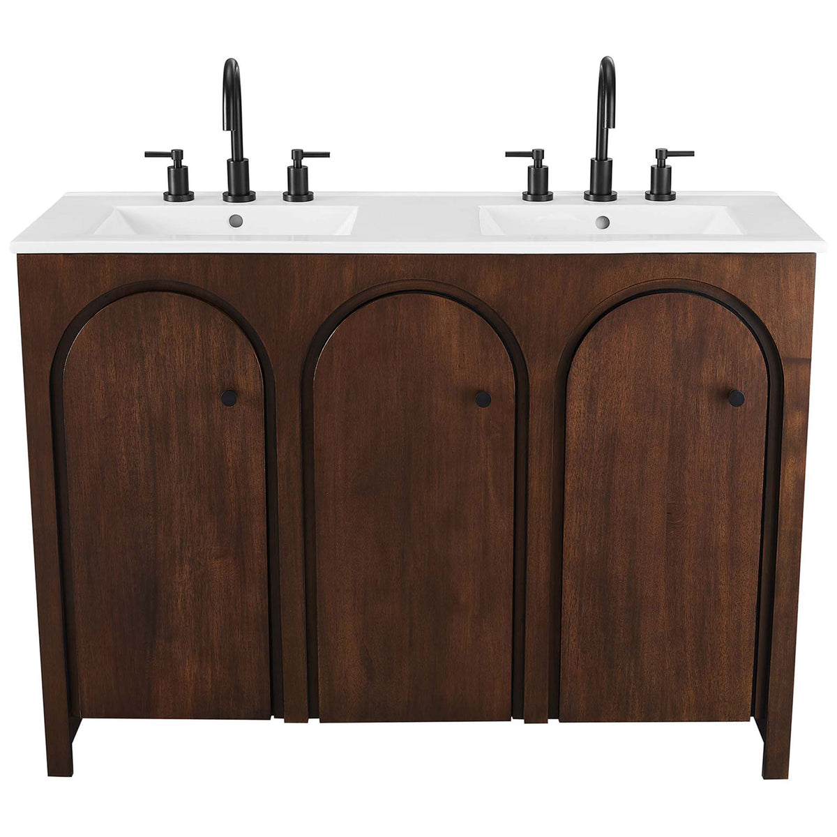 Clean-lined facade with arched panels pairs with a crisp double sink for modern character. || EEI-6792-WAL-WHI || front_studio