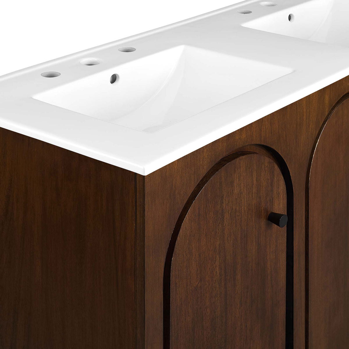Smooth ceramic top meets warm walnut grain for a refined, high-contrast look. || EEI-6792-WAL-WHI || detail_studio