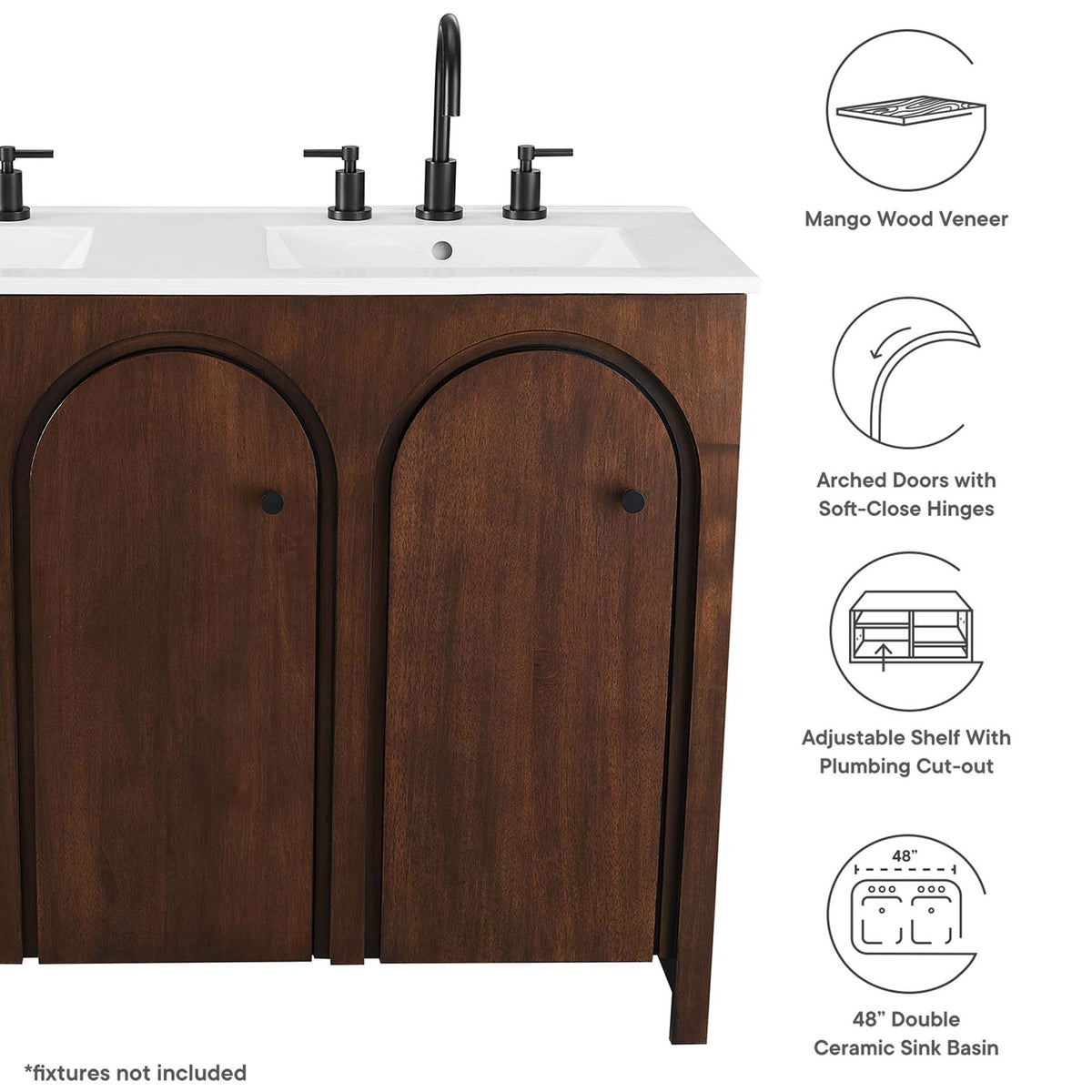 Key features include mango wood veneer, soft-close hinges, adjustable shelf, and double ceramic sink. || EEI-6792-WAL-WHI || callout_studio