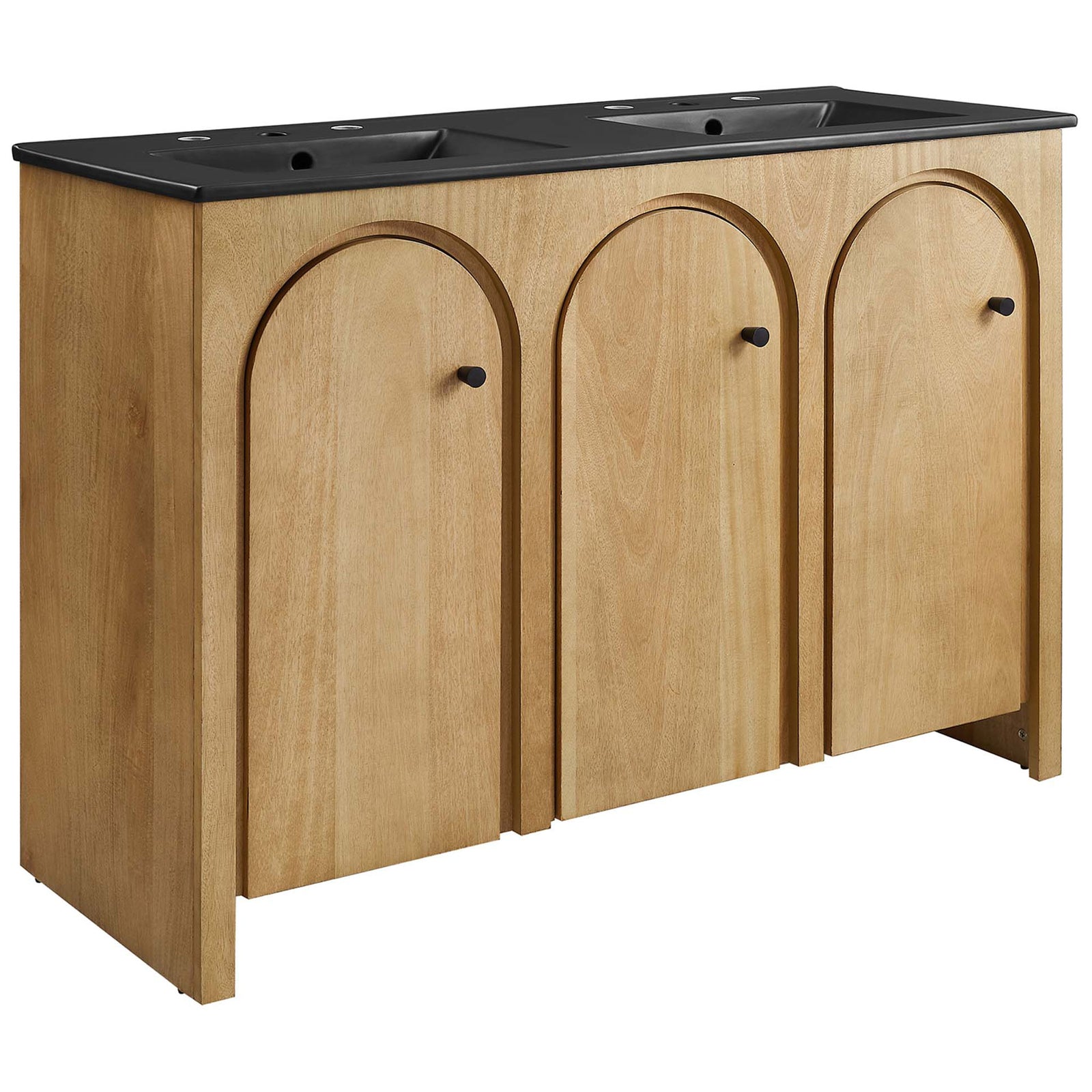 Arched triple-door vanity in warm oak with a sleek black double sink and integrated countertop || EEI-6793-OAK-BLK || front_angle_studio