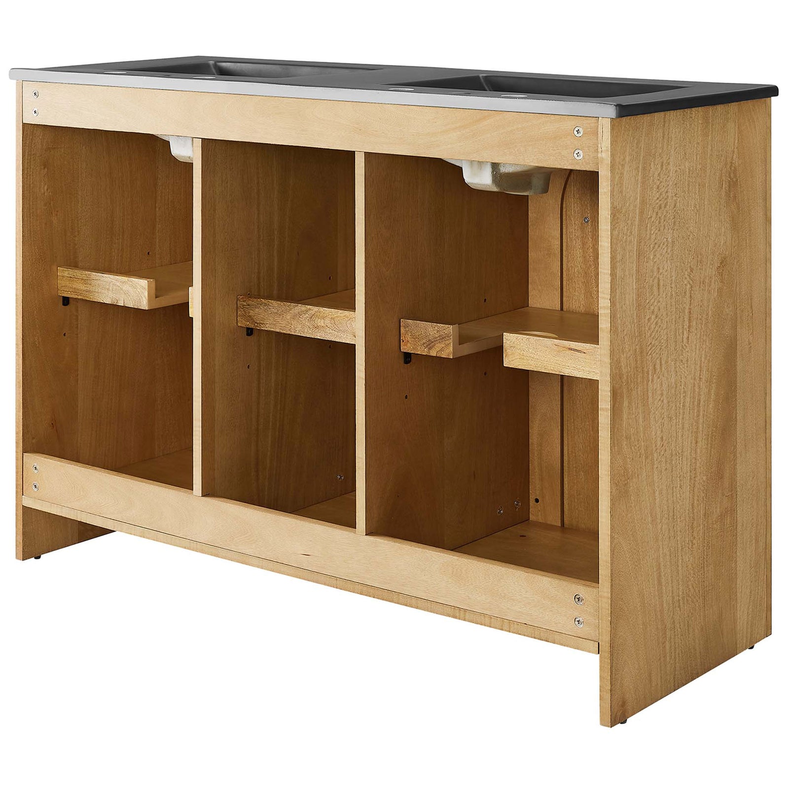 Open back with plumbing access and roomy compartments ready for organized bathroom storage || EEI-6793-OAK-BLK || back_angle_studio