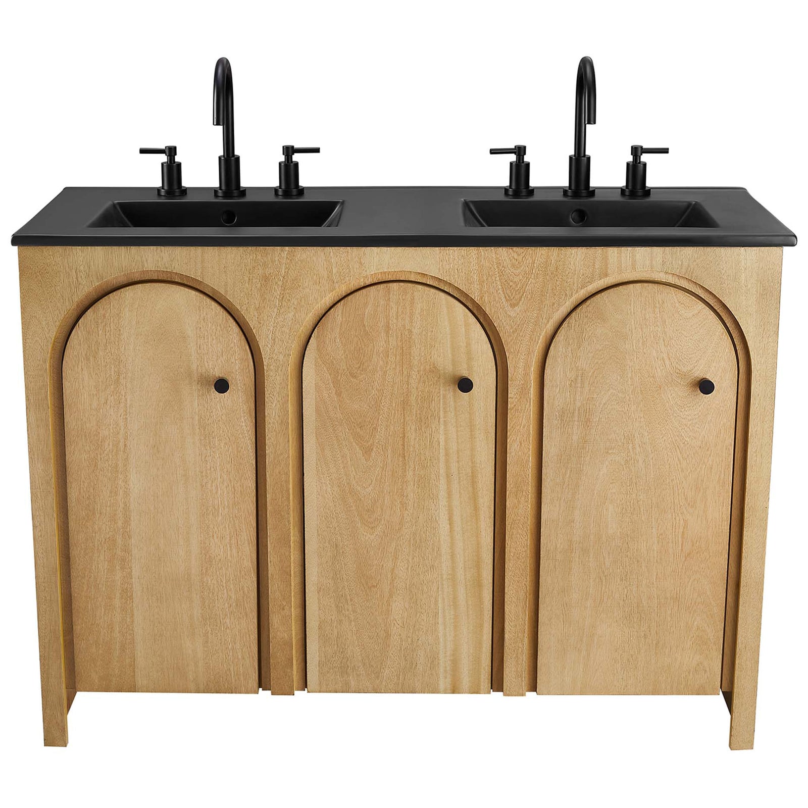 Statement vanity with arched doors and a matte black double sink for a refined, modern look || EEI-6793-OAK-BLK || front_studio