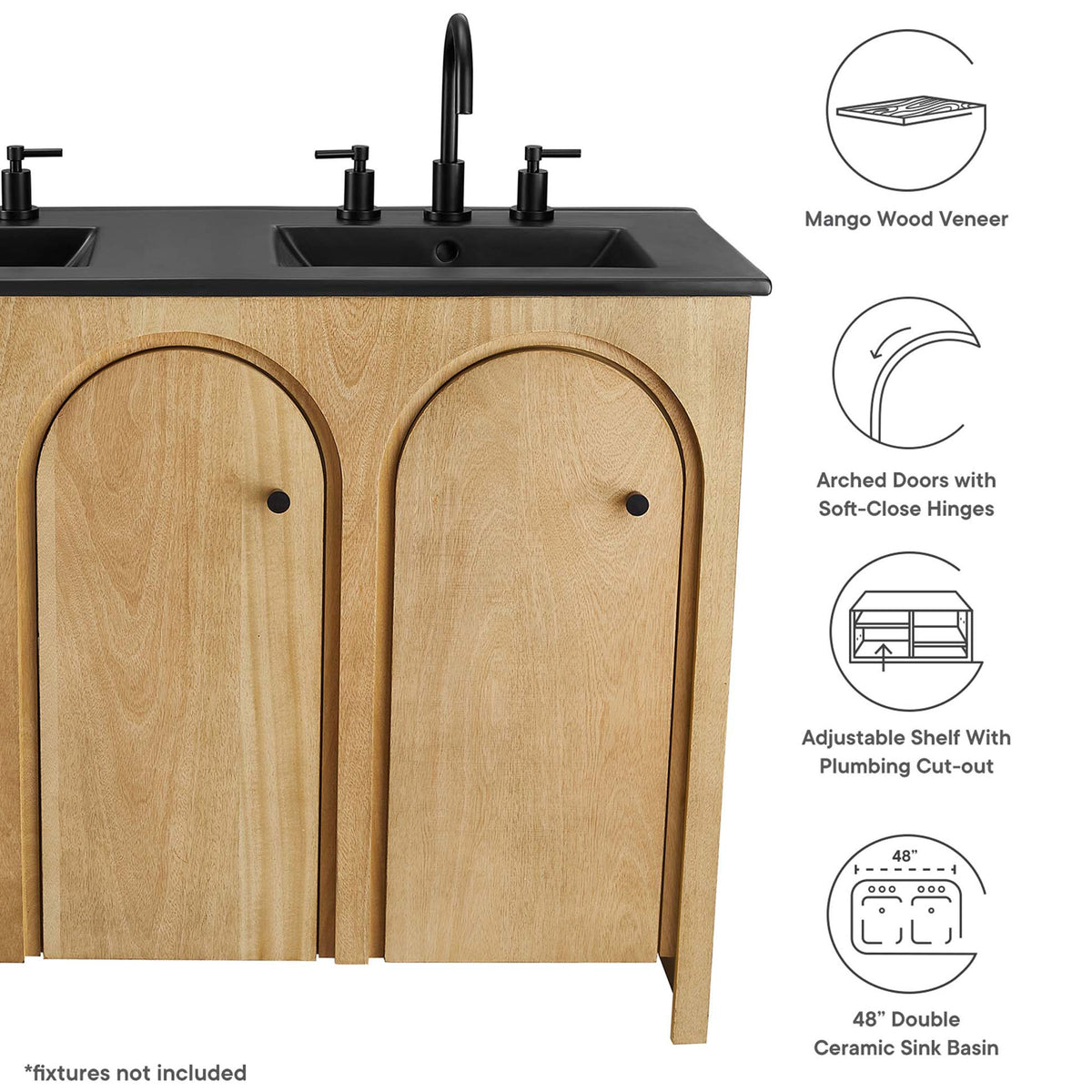 Feature highlights include mango wood veneer, soft-close arched doors, and a 48-inch double basin || EEI-6793-OAK-BLK || callout_studio