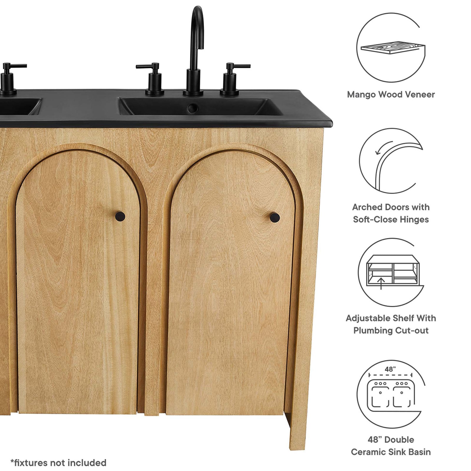 Feature highlights include mango wood veneer, soft-close arched doors, and a 48-inch double basin || EEI-6793-OAK-BLK || callout_studio