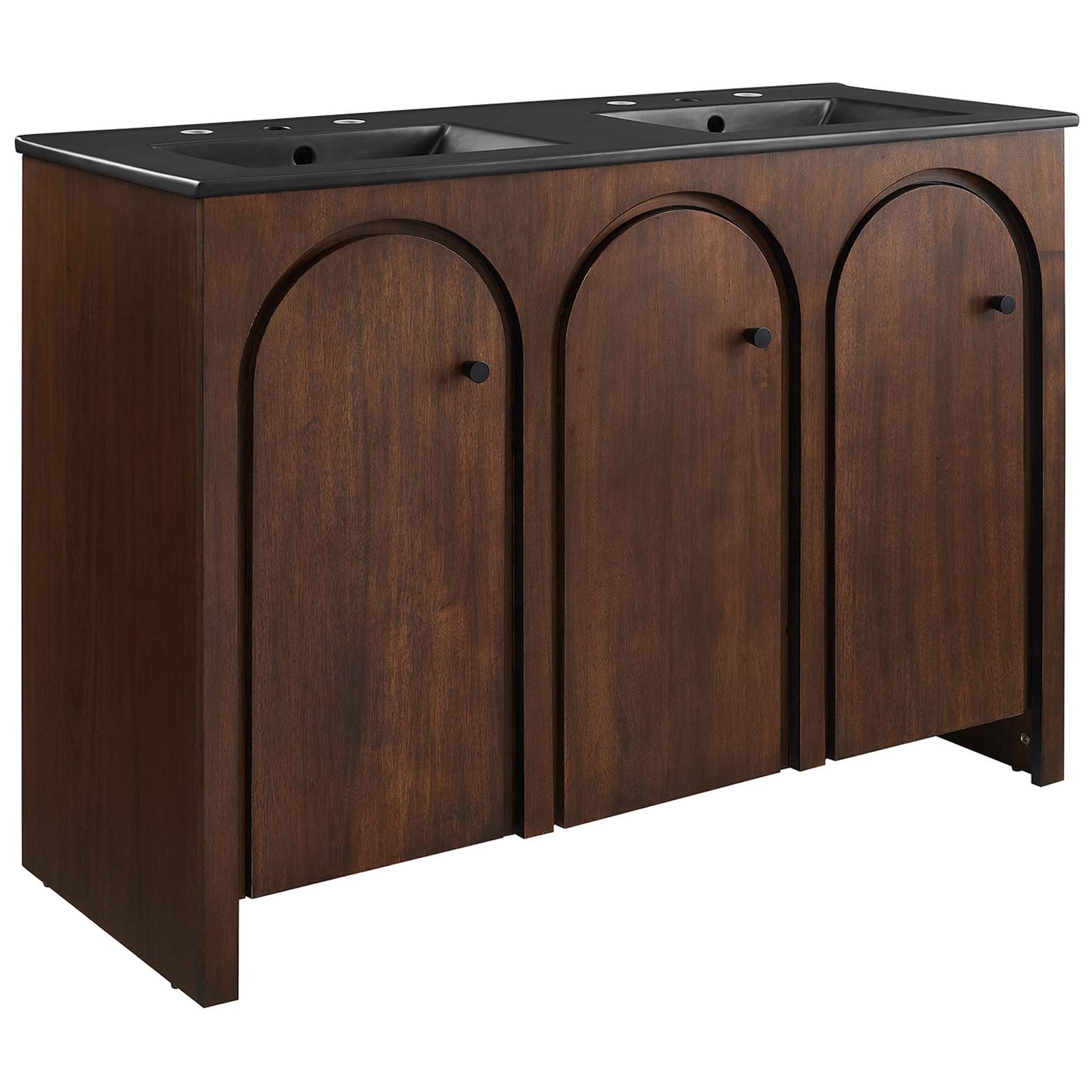48-inch walnut vanity with arched doors and integrated black double sinks for a refined, modern look || EEI-6793-WAL-BLK || front_angle_studio