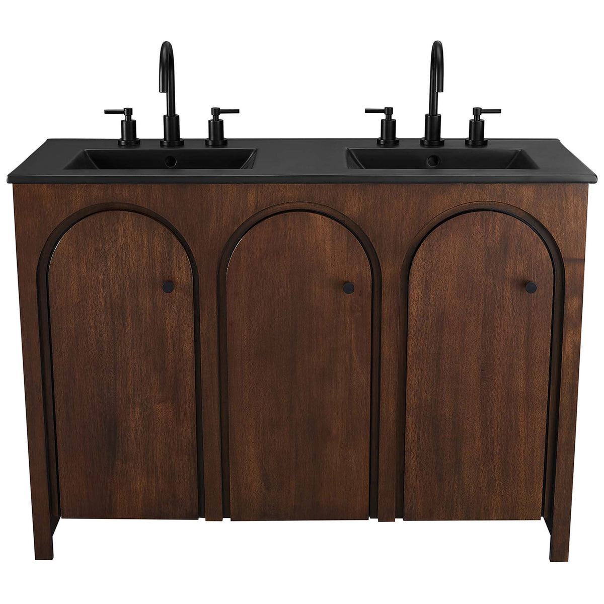 Arched-door walnut vanity with twin black basins styled with contemporary matte black faucets || EEI-6793-WAL-BLK || front_studio