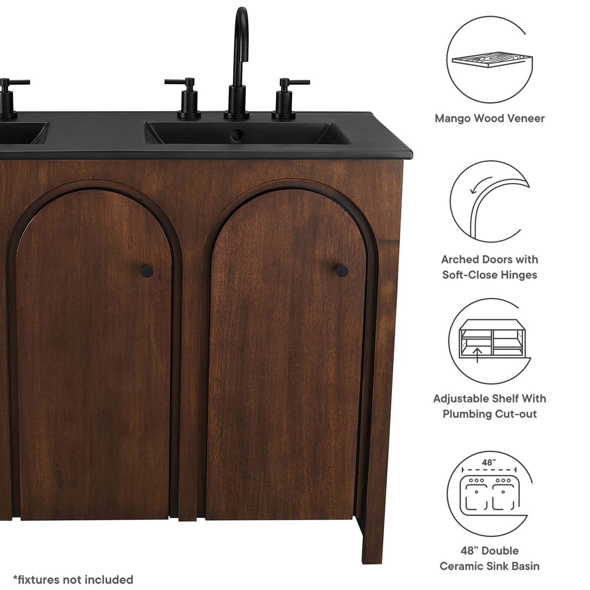 Key features include mango wood veneer, arched soft-close doors, adjustable shelf, and double basins || EEI-6793-WAL-BLK || callout_studio