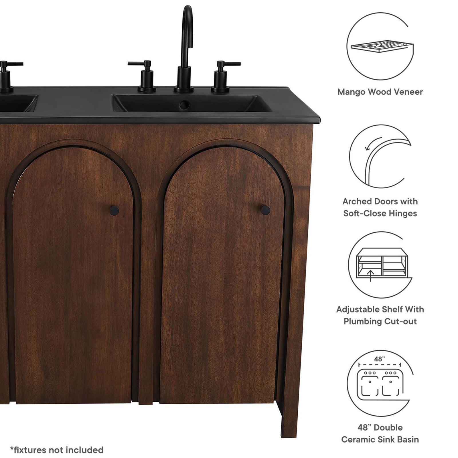 Key features include mango wood veneer, arched soft-close doors, adjustable shelf, and double basins || EEI-6793-WAL-BLK || callout_studio