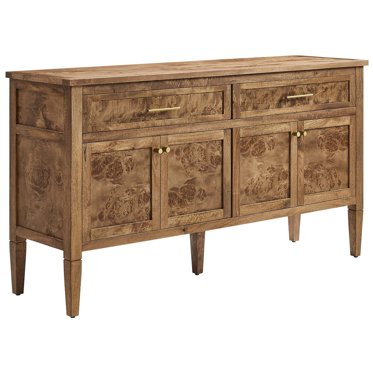 Brown burl wood sideboard with warm mango wood finish, brass pulls, and sleek tapered legs for modern storage. || EEI-6794-BRN || front_angle_studio